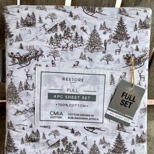 Restore FULL Size Cotton Percale Sheet Set     Christmas Tree Santa Deer Sleigh